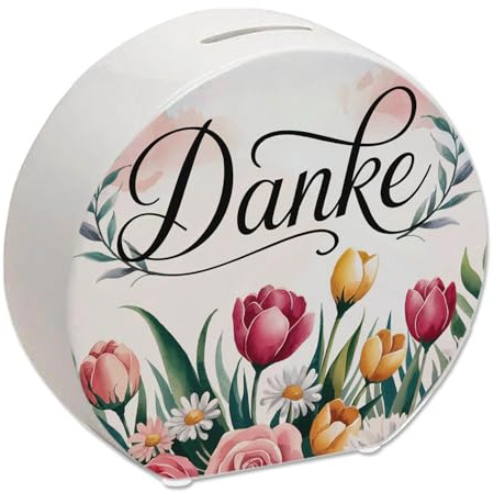 Blumenwiese Danke Spardose Verziert mit Illustrationen im Aquarellstil Rosen Tulpen und Gänseblümchen in Schreibschrift für EIN einzigartiges Geschenk