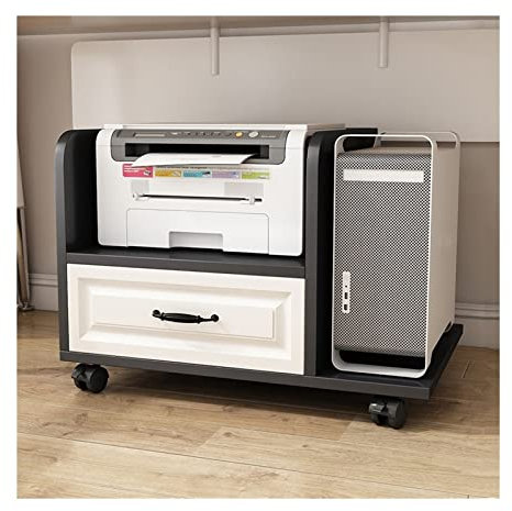 Computer Tower Stand Holder PC Tower Stand with Storage, Mobile Printer Stand, 2-Tier Printer Cart CPU Stand with drawers and wheels, Under Desk, for Home Office CPU Stand(Black,66*46.5*40cm)