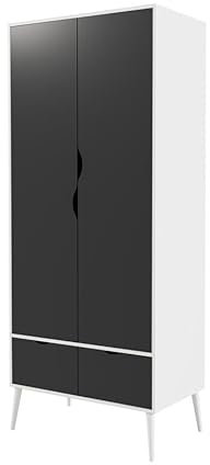 URBNLIVING 180cm Tall Freestanding White Wardrobe with Black 2 Door 2 Drawer Modern Shelf Clothes Storage Scandi Legs Cupboards Hanging Rail Unit for Bedroom