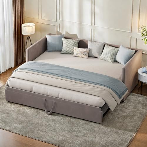 LKPOMI Tagesbett Sofabett 90/180x200 cm, Polsterbett, Samtstoff Multifunktionsbett, Ausziehbett Gleiche Höhe Einzelbett Doppelbett, Grau, Ohne Matratze (Gebogene Rückenlehne, 90/180x200cm)