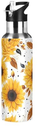 Sevdomey Borraccia vintage con girasoli con coperchio con cannuccia, 590 ml, in acciaio inox, isolamento sottovuoto, per sport, ciclismo, escursionismo, palestra, scuola a casa