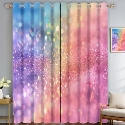 SMBHIAON Gardinen Kinderzimmer Schlafzimmer H240 × B140 cm (2er Pack) Regenbogen-Glitzer Polyester Vorhänge 3D Süßer Stil Muster Blickdicht Ösenvorhang 2Er Set