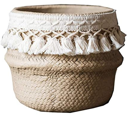 Pot de fleurs en imitation rotin avec pompon décoratif - Pots de fleurs uniques - 16,5 cm de haut - Grand pot de fleurs d'extérieur coloré - 18 x 18 x 16,5 cm