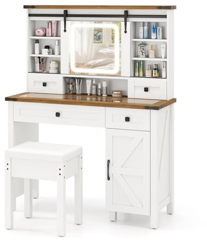 GIANTEX Schminktisch mit Spiegel und Hocker, Schminktisch mit LED-Leuchten in 3 Farben, mit 4 Schubladen, höhenverstellbaren Ablagen und Schiebespiegel, Tischplatte aus gehärtetem Glas, 107 x 40 x 138
