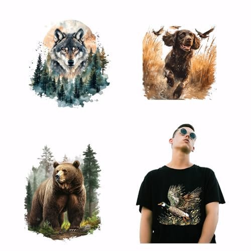 SUPERDANT 4 Stück Transferpapier zum Aufbügeln Mit Jagdmotiven Wald Wolf Bär Bügelbilder Wärmeübertragung Patches Hund Ente Erdbeer Kirsch Aufbügler Für Kapuzenpullover T Shirt Dekorationsapplikation