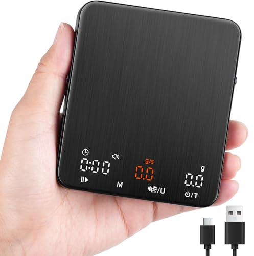 TIPRE Mini Espresso-Kaffewaage mit Timer & Durchflussrate: 2kg/0,1g Präzisionsdigitalwaage, tragbare aufladbare Espressowaage, 3 Brühmodi, LED-Anzeige, Stummmodus (g/oz/lb:oz)