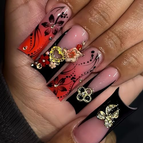MouyouGlow Press on Nails Extrem Lang,Square Schwarz French Gradient Rot 3D Bow Tie Schleife Herz Blumen Charms Y2K Fake Nails Kunstnägel mit Nagelkleber,Black Tips Künstliche Fingernägel