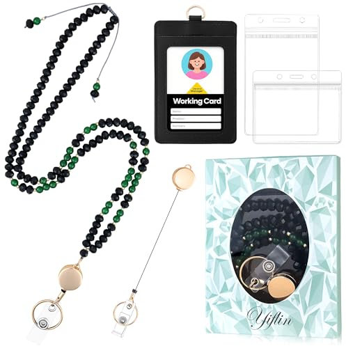 Yiflin Cordon de cristal en pierre naturelle avec badges d'identité pour clés, tour de cou rétractable pour enseignant avec porte-cartes en polyuréthane, artisanat pour femme, pierre naturelle verte
