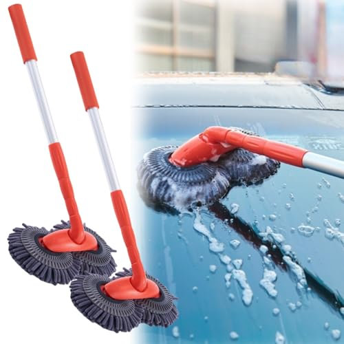 2 x Rotating Car Mop with Double Head Telescopic Car Wash with Microfibre, Long Handle Car Wash Brush, 360° Rotation, Car Cleaning Kit