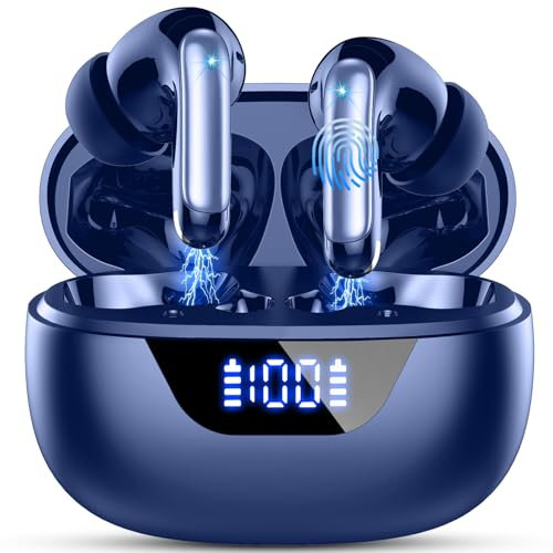 Auriculares Inalambricos, Auriculares Bluetooth 5.3 con Reducción de Ruido ENC Mic, 48 Horas Reproducción Cascos Inalámbricos Sonido Estéreo, IP7 Impermeable Audifonos Inalambricos, Pantalla LED, Azul