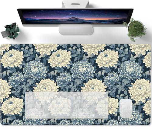 PORNHUX Mauspad Großer Weiße Blüten Mauspad für Schreibtisch Gaming Mauspad mit genähten Kanten Nicht rutschender Unterlage Schreibtischmatte für Tastatur und Maus - 600x300mm