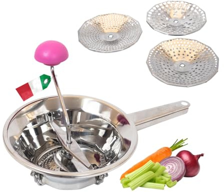MOHOME Passaverdure Manuale Acciaio Inox 18/10 Made in Italy Passapomodoro Schiaccia Verdure 3 Filtri Interscambiabili da 24 cm Passatutto Piedini Pieghevoli Verdure Frutta Salse