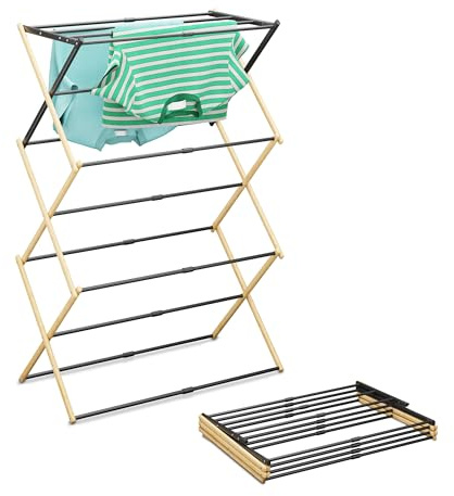 Relaxdays folding, adjustable drying rack, 11 rods, HxWxD: 107 x 43–74 x 37 cm, bamboo & metal, natural/black