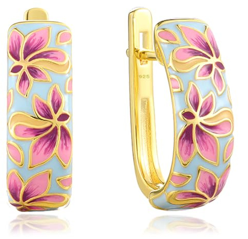 Santuzza Boucles d'oreilles pendantes en argent sterling 925 avec fleurs en émail lilas roses pour femmes