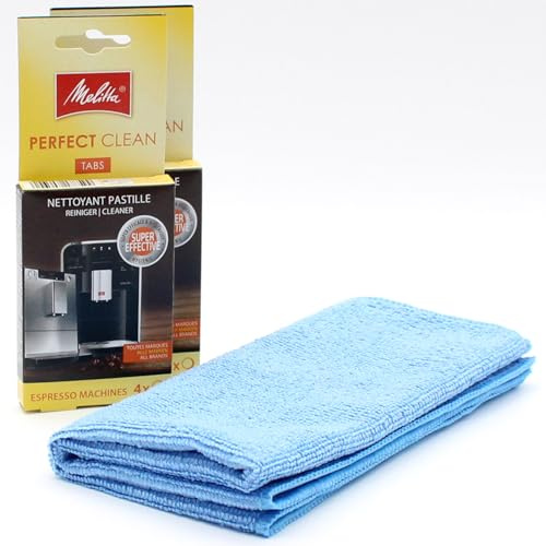 8 Reinigungstabs für Kaffeevollautomaten + Mikrofasertuch kompatibel mit Melitta Perfect Clean, 8 Tabs x 1,8 g - Reinigungstabletten für Espresso-Maschinen, Vollautomat, Kaffeemaschine, Zubehör