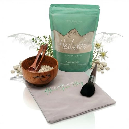 Alpine Green Clay Heilerde Maskenset 400g mit Holzschale & Pinsel, vegan | DIY Gesichtsmaske bei unreiner Haut & Pickeln, mit Holzlöffel, Spatel & Säckchen, grüne Tonerde aus Österreich, Geschenkidee