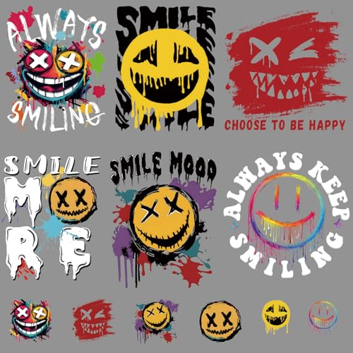 SUPERDANT Smile Graffiti Bügelbilder zum Aufbügeln für T-Shirts Kleidung | Wäschefest,Pet Material,12stück,5×6cm Bis 25×25cm,Für Haushaltseisen,Diy Dekoration Für Kappe Kissen Rucksack