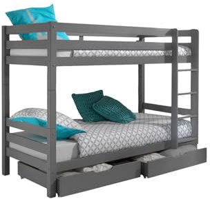 FURNLUX Pino Etagenbett, 90x200 cm, Grau, Massivholz Kiefer, mit Leiter und 2 Schubladen, 106x210x161 cm