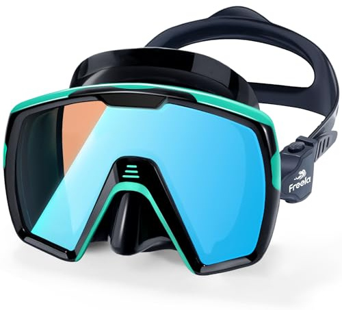 Freela Adult Dry Snorkel Set Scuba Diving Mask with Mirrored Blue Len, Tempered Glass 180° Wide View, Anti Fog No Leak Snorkeling Gear for Men Women Youth with Nose Cover for Breathing Swimming Diving