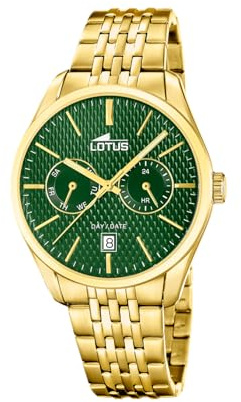 Lotus Herrenuhr Analog aus Edelstahl 316L Goldfarben- Multifunktion | Kalender, Klassisch und Elegant, Widerstandsfähiges Mineralglas 5 ATM, Quarzwerk 19074/3