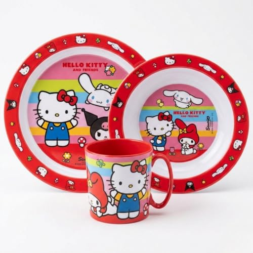 Hello Kitty Friends Kinder Geschirr-Set, 3-teilig, rot | Teller, Schüssel, Henkelbecher 350 ml, Sanrio Kindergeschirr