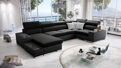 IM SOFA Ecksofa U-Form mit Schlaffunktion und Bettfunktion – große Wohnlandschaft PERS IV MINI (Schwarz Sawana + Schwarzes Kunstleder, Links)