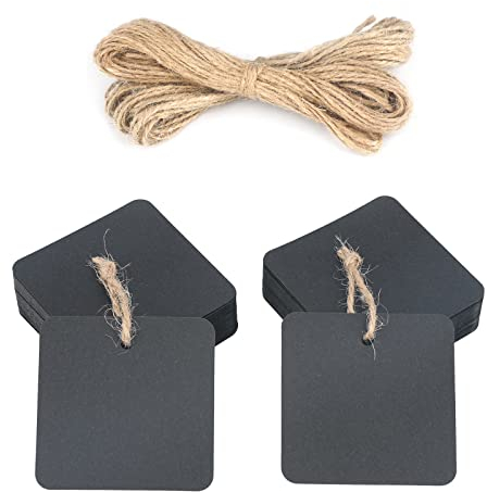 jijAcraft 5,5 cm Quadratische Geschenkanhänger, 100 Stück Schwarz Geschenk Anhänger aus Papier, Papier Etiketten mit Juteschur für Gepäckanhänger, Preisschilder, Selbstgebastelte Schilder