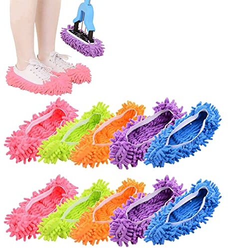MINGZE 10 Stück (5 Paar) Staubtuch Mopp Hausschuhe Schuhe Abdeckung, Staubmopp Wischmop Bodenreiniger, Staub Reiniger Wiederverwendbar Mikrofaser Fuß Socken Fußboden Staub Schmutz Haar Reiniger für Ha