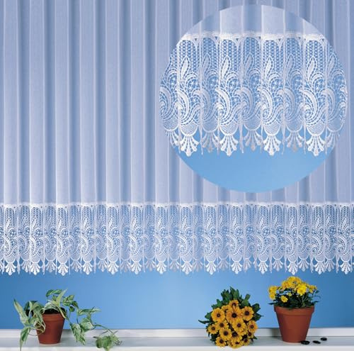 heimtexland edle Store Gardine aus Websablé transparent mit echtem Makramee Sockel in rein weiß - HxB 245x450 cm für Dekorationsbreite 135-180 cm - Ökotex Macramé Vorhang Typ516