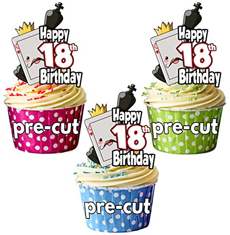 AK Giftshop PRECUT King Chess Piece and Playing Card - 18th Birthday - Edible Cupcake Toppers/Cake Decorations (Pack of 12)
