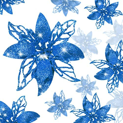 24 Pieces Christmas Glitter Artificial Poinsettia Flowers Christmas Flowers Decorations Wedding Xmas Tree New Year Ornaments (Blue)