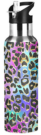 JUMBEAR Fashion Colorful Leopard Animal Print Water Bottle Acuum Insulated Stainless Steel Leakproof Wide Mouth Kettle with Straw Lid for Fitness Gym Outdoor Sports