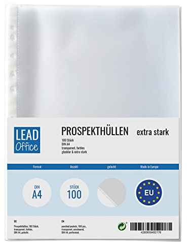 100 Prospekthüllen, transparent DIN A4, Prospekt-Hüllen glasklar, farblose Klarsicht-Folien zum Schutz von Papier & Dokumente, Sichthüllen für A4 Ordner (100x 110my (extra stark))