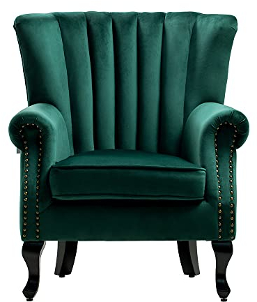 INMOZATA Armchair Velvet Accent Chair High Wingback Arm Fireside Chair Rest Occasional Chairs with Solid Wood Legs for Living Bedroom (Green)