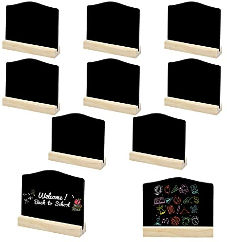 10 Stk Mini Tafeln, Kleine Kreidetafel mit Ständer, Löschbar Memotafel Tischschilder mit Holz Sockel, Tischkreidetafel Karten für Buffet, Hochzeit, Party, Preisschilder, 7,6x10cm