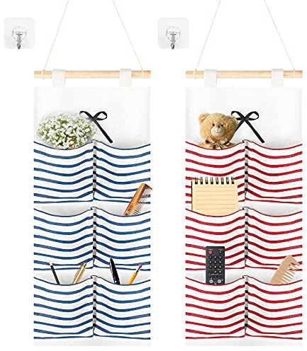 2 Pezzi Borsa da Appendere Alla Parete Sopra la Porta Organizer Oggetti con 6 Tasche Portaoggetti In Cotone e Lino Impermeabile con 2 Ganci Antitraccia, Porta Oggetti per Casa, Bagno -Rosso Blu