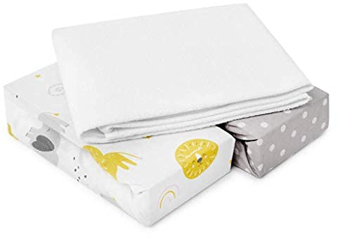 FlyIdeas 3-teiliges Spannbettlaken-Set 60x120 cm – 2 Spannbettlaken aus 100% Baumwolle & 1 wasserdichter Matratzenschoner – Atmungsaktiv & Hypoallergen, Babybettlaken für Kinderbett & Reisebett