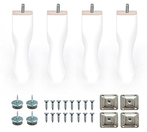 8’’ Wooden Queen Anne Furniture Replacement Legs Colours M8 Thread Level Mounting Plates Protective Felt Pads Set Of 4 Legs For Sofa Cabinet Footstool Chair Bed Ottoman 20 CM [OZGA] (White)