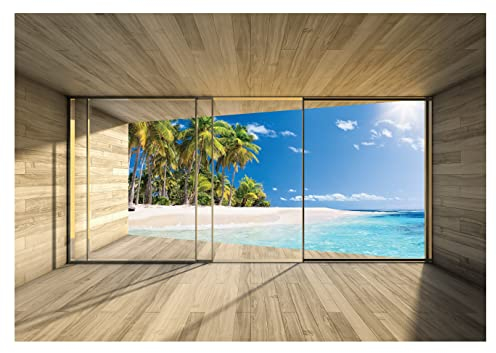 Papel Pintado Efecto 3D Ventana Playa Tropical Salón Dormitorio - Incluye Pegamento - Fotomurales Pared Tejido No Tejido Decorativos Murales Fotográfico Moderno Decoración de Paredes (254x184 cm)