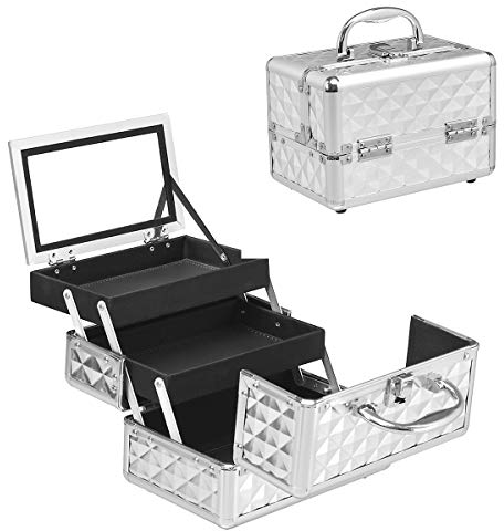 LIFEZEAL Kosmetikkoffer, Schminkkoffer für Reise, Make up Koffer im Rautenmuster, Abschließbare Beauty Case mit Spiegel & Griff, Etagekoffer mit 3 Aufbewahrungsablagen, Alu, 23x15x15cm(Silber)