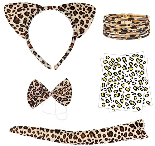 Shinybox 6-teilig Leoparden Kostüm Set, Ohren Schwanz Haarreif Stirnband Armband mit Leopardenmuster Tattoo, Party Halloween Karneval Kostüm Tierkostüm Kit für Kostüm Party Dekoration Zubehör(B)
