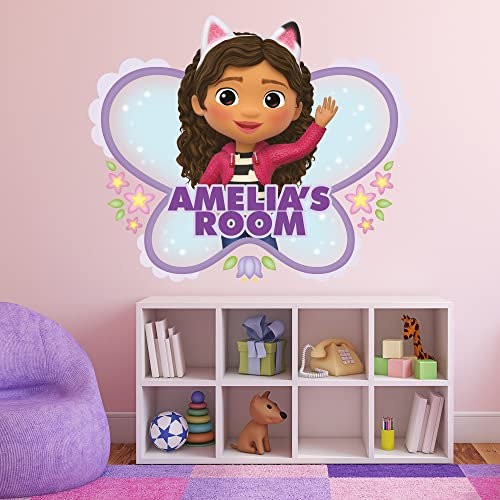 Themed Gabby's Dollhouse Wall Sticker - Gabby Personalised Name Butterfly Wall Art Kids Decal (90cm width x 75cm height)