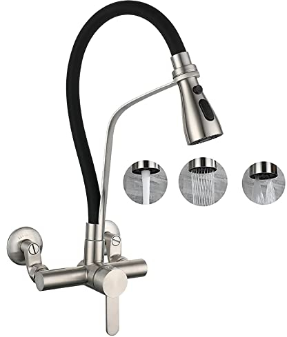 SJQKA Wasserhahn Küche Wandmontage Schwarz,180° Drehbar Silikon In Lebensmittelqualität Wand Küchenarmatur Wandarmatur Flexibel Ausziehbarer, Spültischarmatur Für Küche,304 Edelstahlmaterial