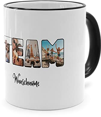 PhotoFancy® - Fototasse 'Team' - Personalisierte Tasse mit eigenem Foto und Text selbst gestalten - Schwarz