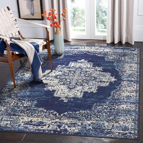 vivorug 3x5 Rug, Small Area Rug for Living Room, Bedroom, Kitchen, Machine Washable Non-Slip Throw Rug, Vintage Carpet for Entryway Nursery Coffee Table - Durable (Navy Blue)