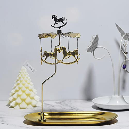 Rotierender Kerzenhalter,Golden Teelicht Karussell,Metall Kerzenständer,Karussell Kerzenständer mit Großem Tablett,drehbare Laterne Teelichthalter für Zuhause/Party/Hochzeit/Tischdeko (Holzpferd)
