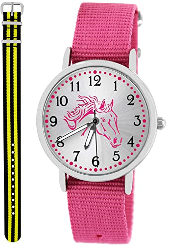 Pacific Time Kinder Armbanduhr Mädchen Junge Pferd Kinderuhr Set 2 Textil Armband rosa + schwarz gelb analog Quarz 10565