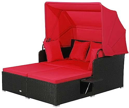 RELAX4LIFE Patio Rattan Daybed, Wicker Sun Bed Lounger Couch with Retractable Canopy, 2 Folding Side Trays & Soft Cushions, Outdoor Double Sofa Bed Garden Furniture Set for Porch Poolside (Red)