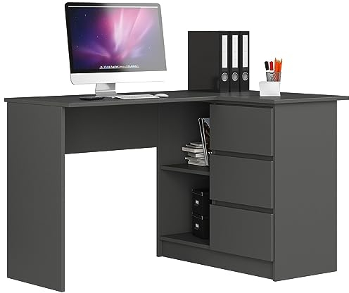 AKORD Eckschreibtisch B16 mit Regal 124 cm | 3 Schubladen Links | Schreibtisch | Ecktisch | Eck Schreibtisch | für Home | für Office | B124 x H77 x T85 cm | Gewicht 41,40 kg | Graphitgrau