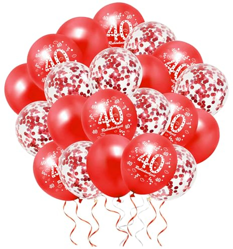 Rubinhochzeit Deko, 50 Stück 40. Hochzeitstag Luftballons, Weiß Rot Jubiläum Latexballons, Konfetti Luftballons mit 2 Rollen Band, für 40. Jubiläum Hochzeit Deko